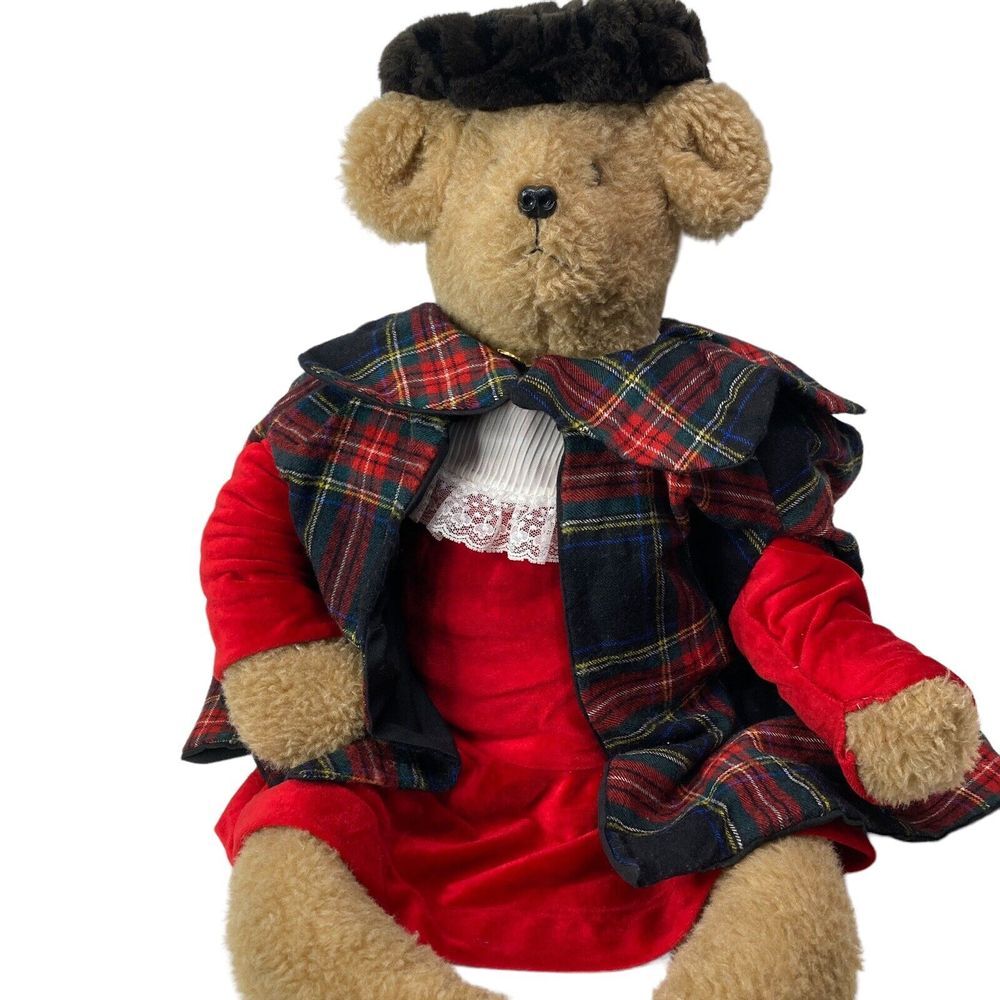 Vintage English Teddy Bear Plush with Dress‎ Plaid Cape Hat Large